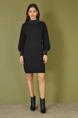 Mela Black Pearl Detail Knitted Relaxed Jumper Dress