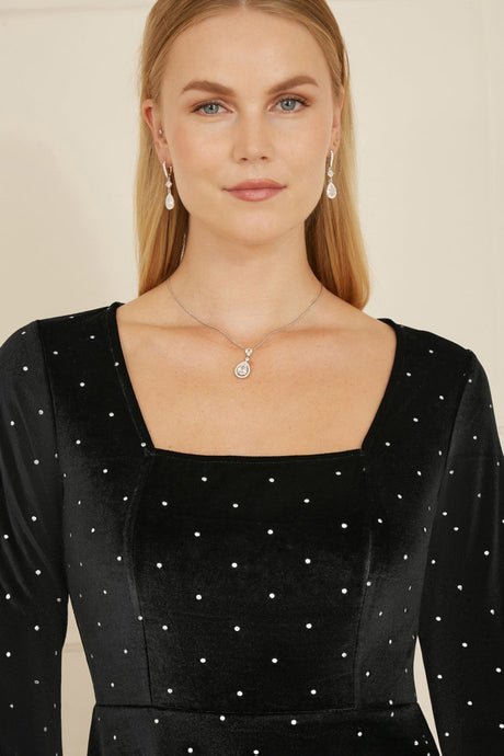 Mela Black Skater Dress With Diamantes and Long Sleeve