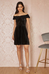 Mela Black Velvet Skater Dress With Sparkle Bow Neckline