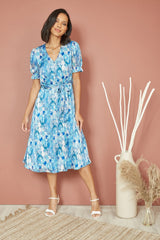 Mela Blue Abstract Print Tea Dress With Pleats And Front Split