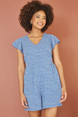 Mela Blue Ditsy Print V Neck Playsuit