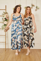 Mela Blue Floral Satin Twist Front Midi Dress