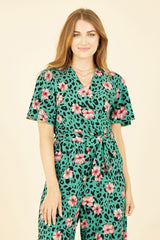 Mela Green Animal Print Jumpsuit With Angel Sleeves