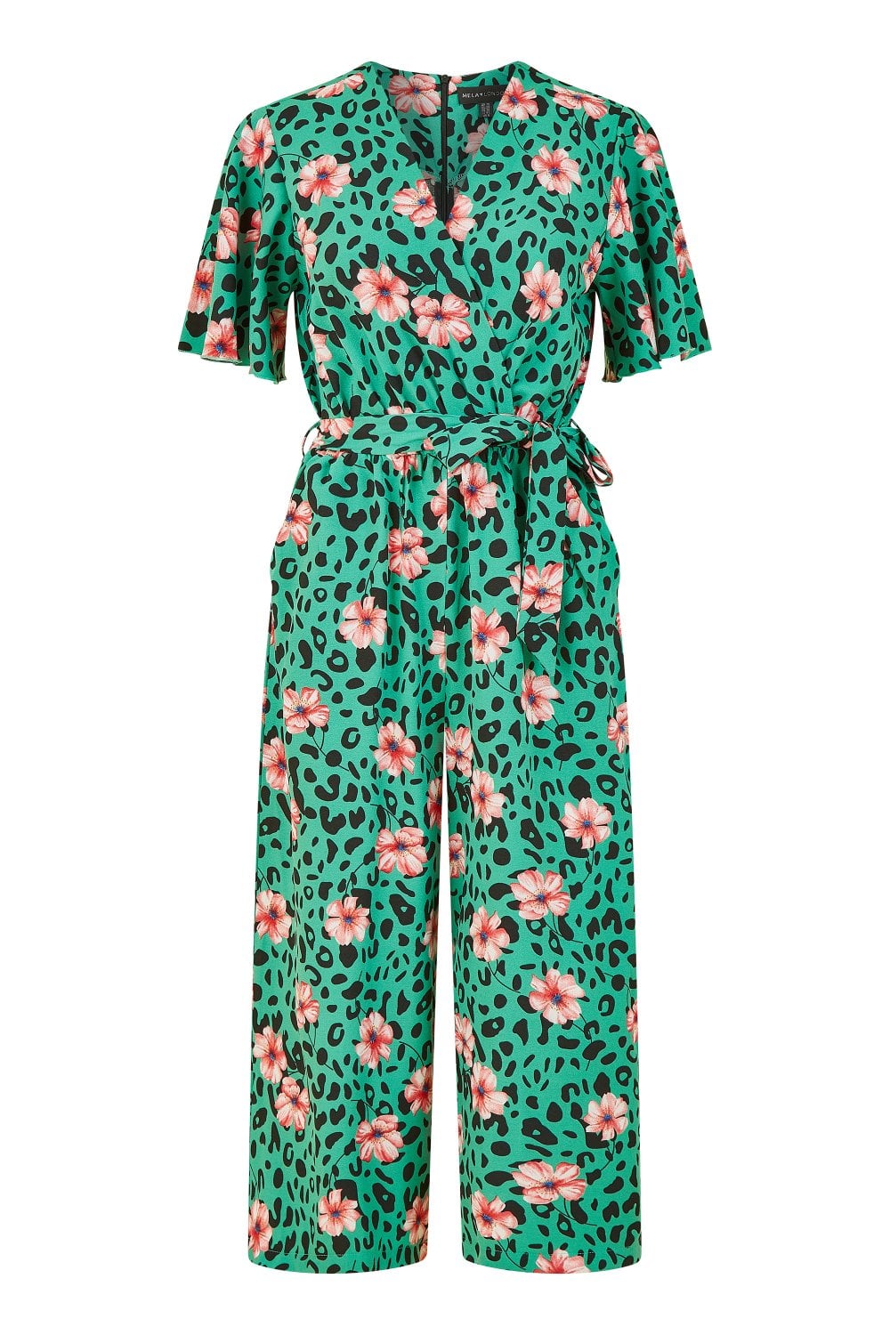 Mela Green Animal Print Jumpsuit With Angel Sleeves