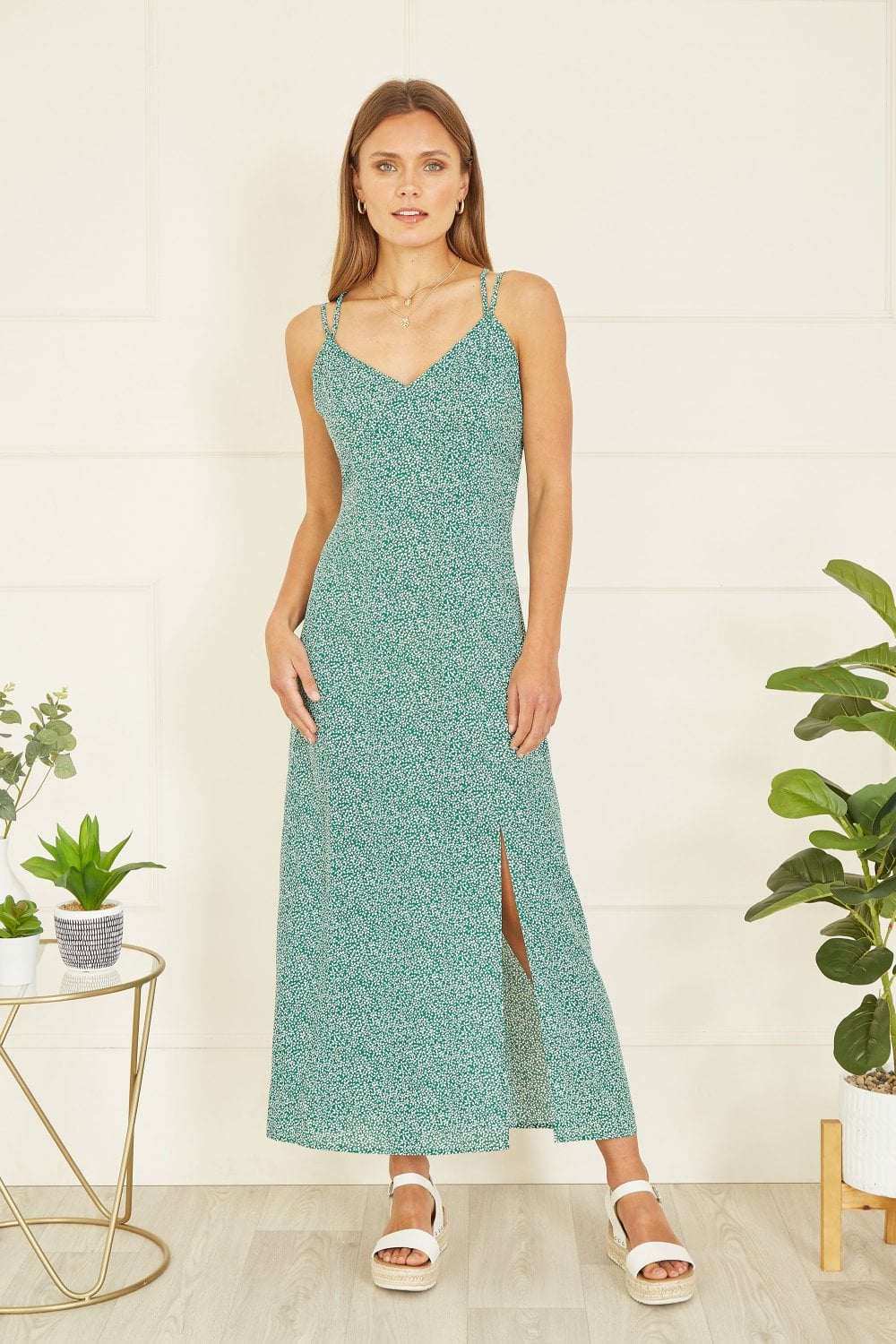 Mela Green Ditsy Print Midi Dress With Side Split