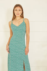 Mela Green Ditsy Print Midi Dress With Side Split