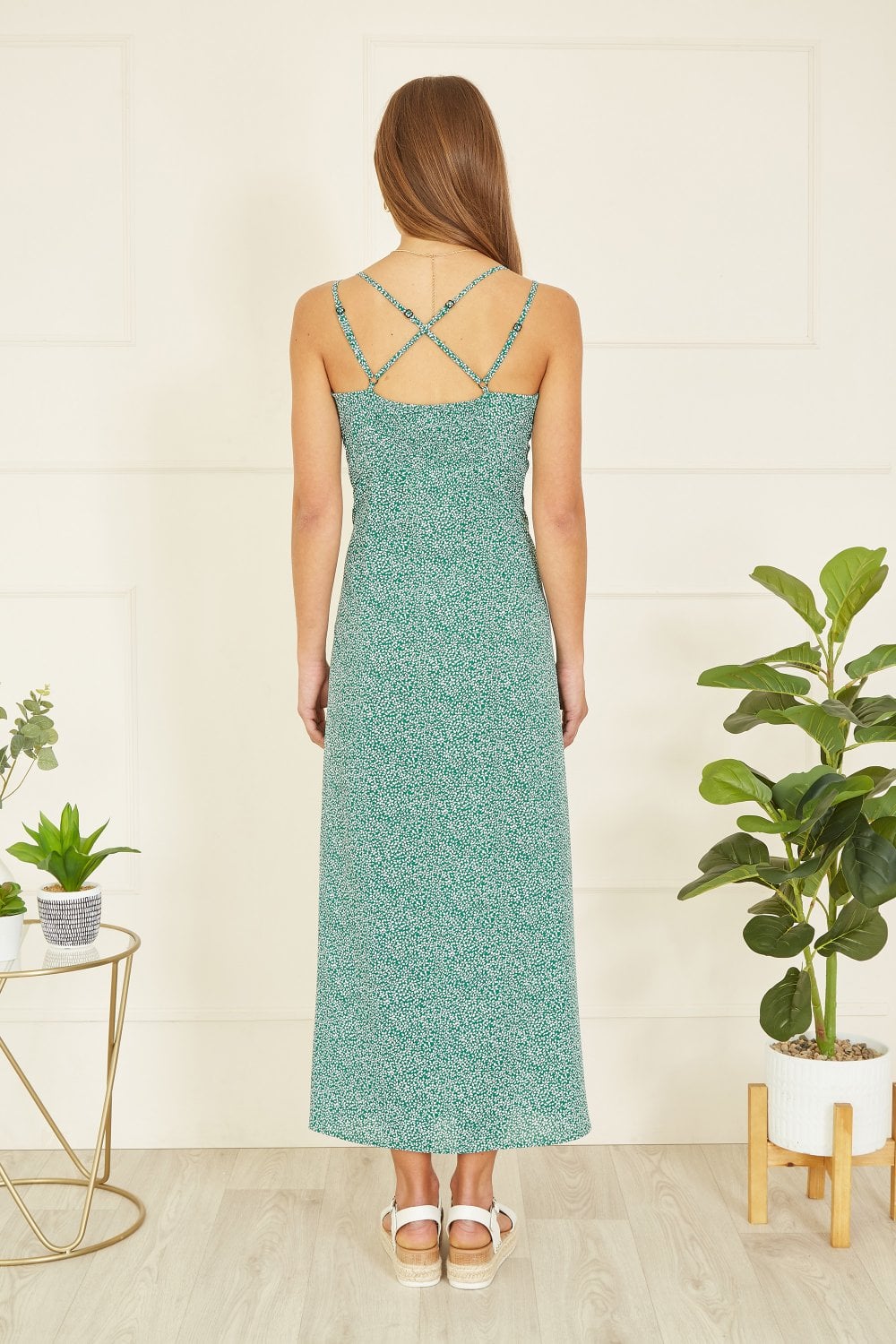 Mela Green Ditsy Print Midi Dress With Side Split