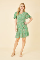 Mela Green Ditsy Print Wrap Front Skater Dress