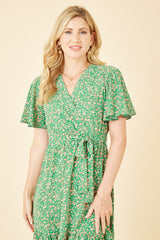 Mela Green Ditsy Print Wrap Front Skater Dress
