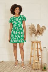 Mela Green Floral Print Skater Dress With Back Tie