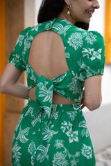 Mela Green Floral Print Skater Dress With Back Tie