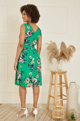 Mela Green Floral Wrap Over Midi Skater Dress