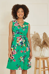Mela Green Floral Wrap Over Midi Skater Dress