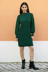 Mela Green Pearl Detail Knitted Relaxed Jumper Dress