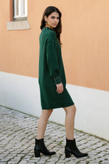 Mela Green Pearl Detail Knitted Relaxed Jumper Dress