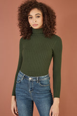 Mela Green Ribbed Knit Roll Neck Jumper