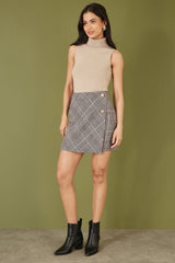Mela Grey Checked Wrap Mini Skirt With Button Detail