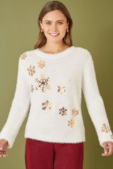 Mela Ivory Sequin Snowflake Fluffy Jumper