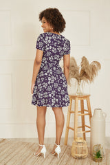 Mela Navy Floral Mini Skater Dress With Tie Front
