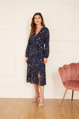 Mela Navy Foil Star Print Long Sleeve Midi