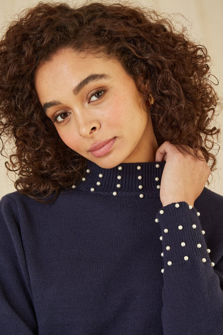 Mela Navy Pearl Detail High Neck Jumper