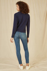 Mela Navy Pearl Detail High Neck Jumper