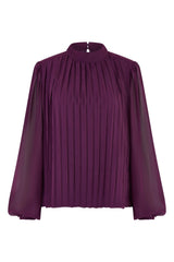 Mela Plum Pleated Long Sleeve Top With High Neck