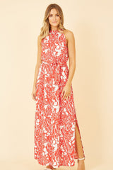 Mela Red Animal Print Halter Neck Maxi Dress