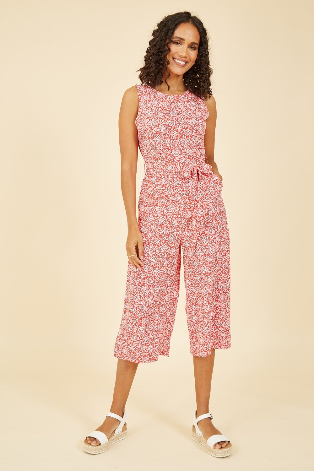 Mela Red Ditsy Floral Print Culotte Jumpsuit
