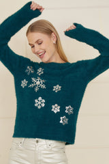Mela Teal Sequin Snowflake Fluffy Jumper