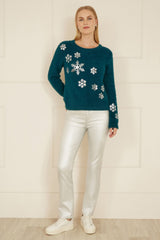 Mela Teal Sequin Snowflake Fluffy Jumper