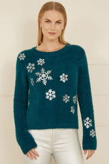 Mela Teal Sequin Snowflake Fluffy Jumper