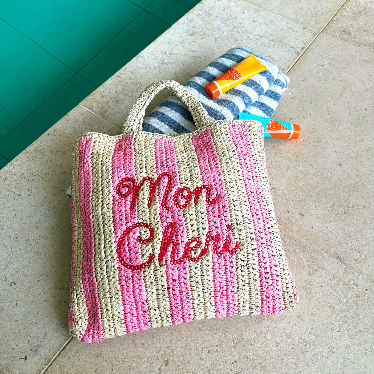 Mon Amour Embroidered Straw Beach Bag