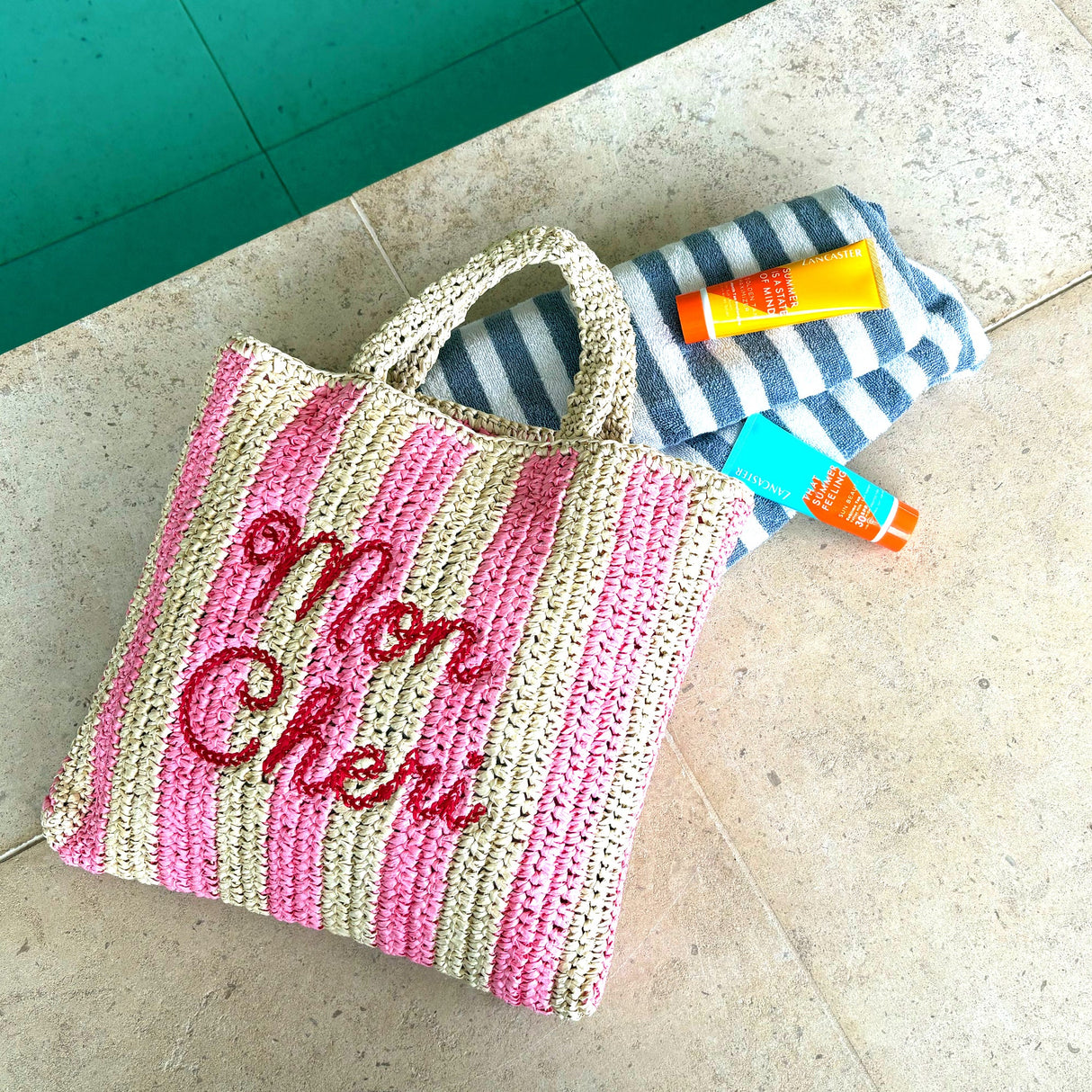 Mon Amour Embroidered Straw Beach Bag