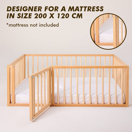 Montessori Floor Bed With Fence – Wooden Toddler Bed for Safe Sleep & Play