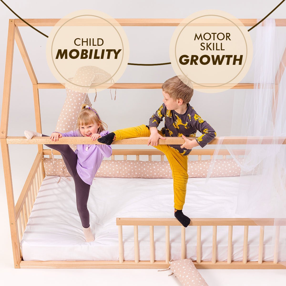 Montessori House Bed With Fence – Hardwood Floor Bed for Toddlers