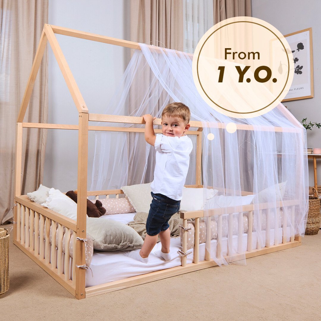 Montessori House Bed With Fence – Hardwood Floor Bed for Toddlers