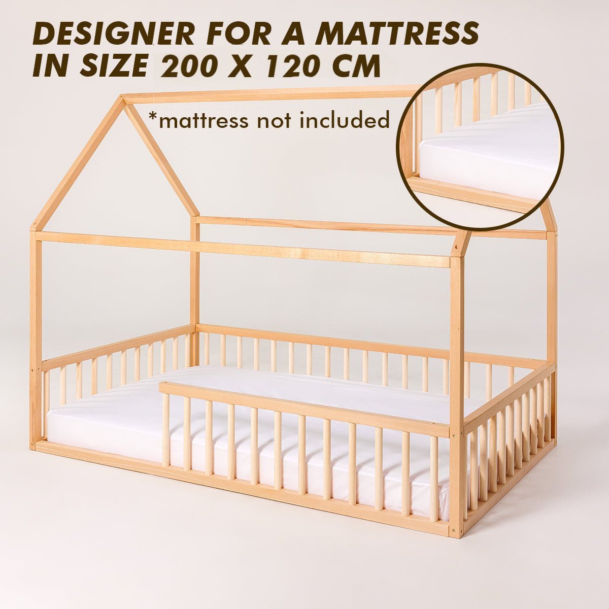 Montessori House Bed With Fence – Hardwood Floor Bed for Toddlers