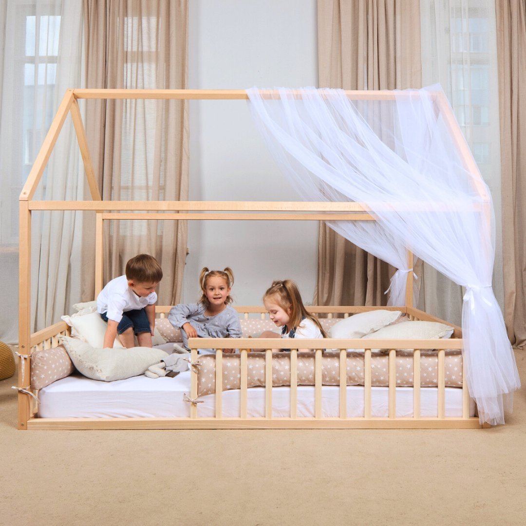 Montessori House Bed With Fence – Hardwood Floor Bed for Toddlers