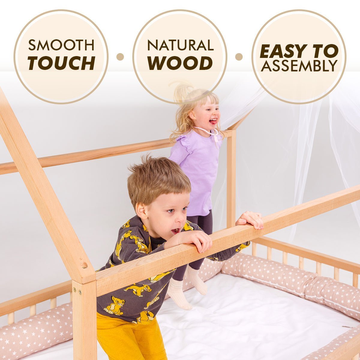 Montessori House Bed With Fence – Hardwood Floor Bed for Toddlers