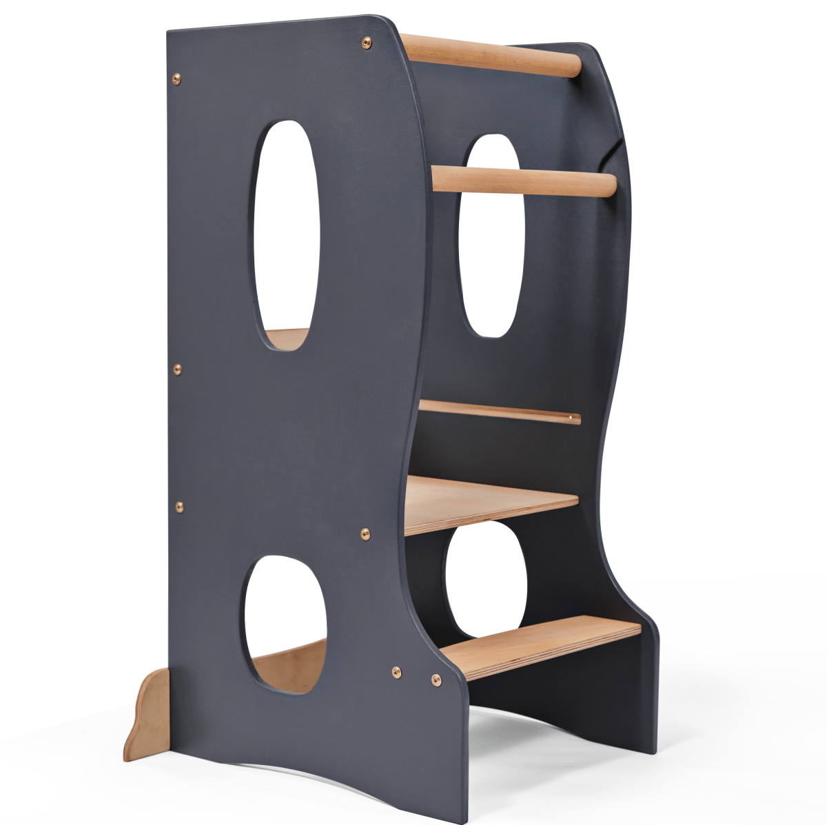 Stable Montessori Learning Tower – Wooden Growing Chair With Cut-Out Handles – Grey