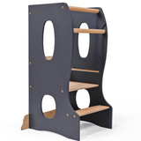 Stable Montessori Learning Tower – Wooden Growing Chair With Cut-Out Handles – Grey