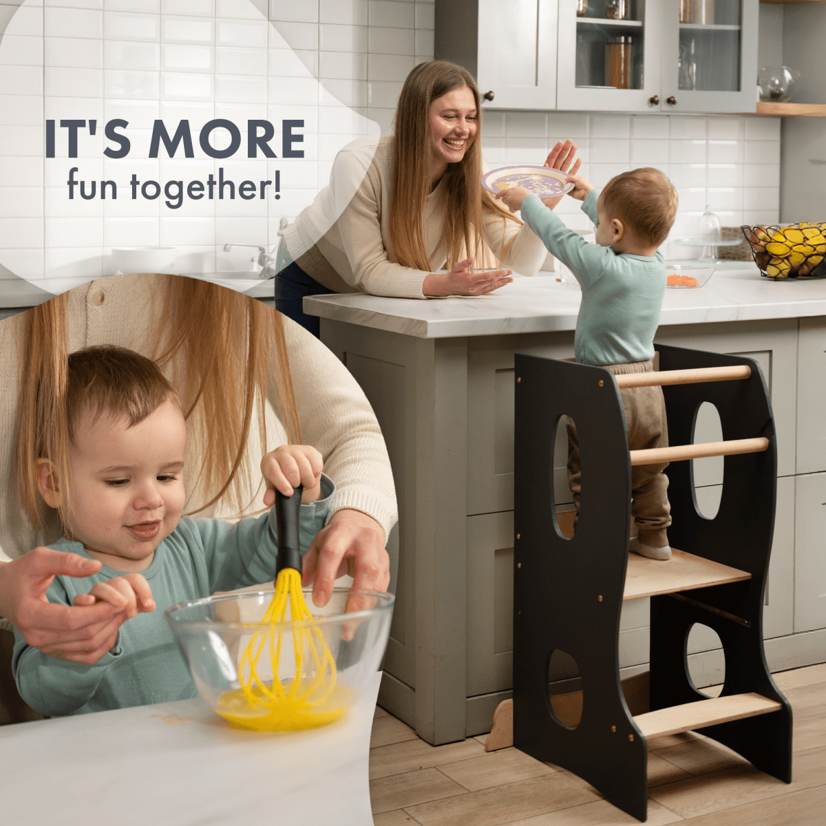 Stable Montessori Learning Tower – Wooden Growing Chair With Cut-Out Handles – Grey