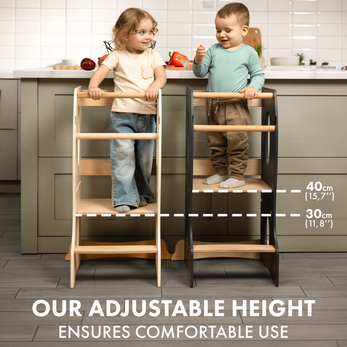 Stable Montessori Learning Tower – Wooden Growing Chair With Cut-Out Handles – Grey