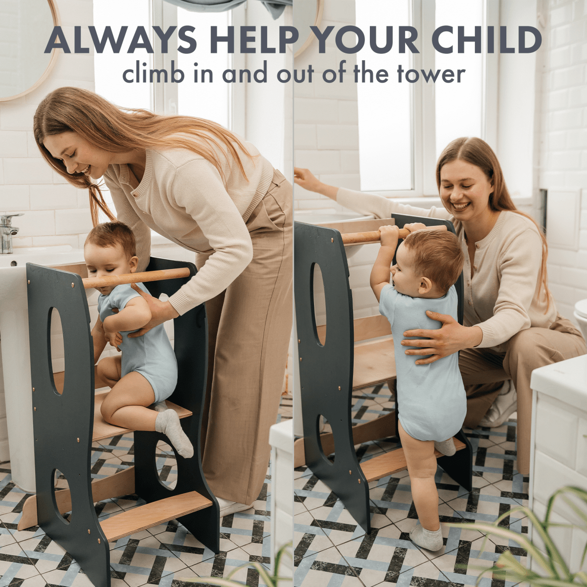 Stable Montessori Learning Tower – Wooden Growing Chair With Cut-Out Handles – Grey