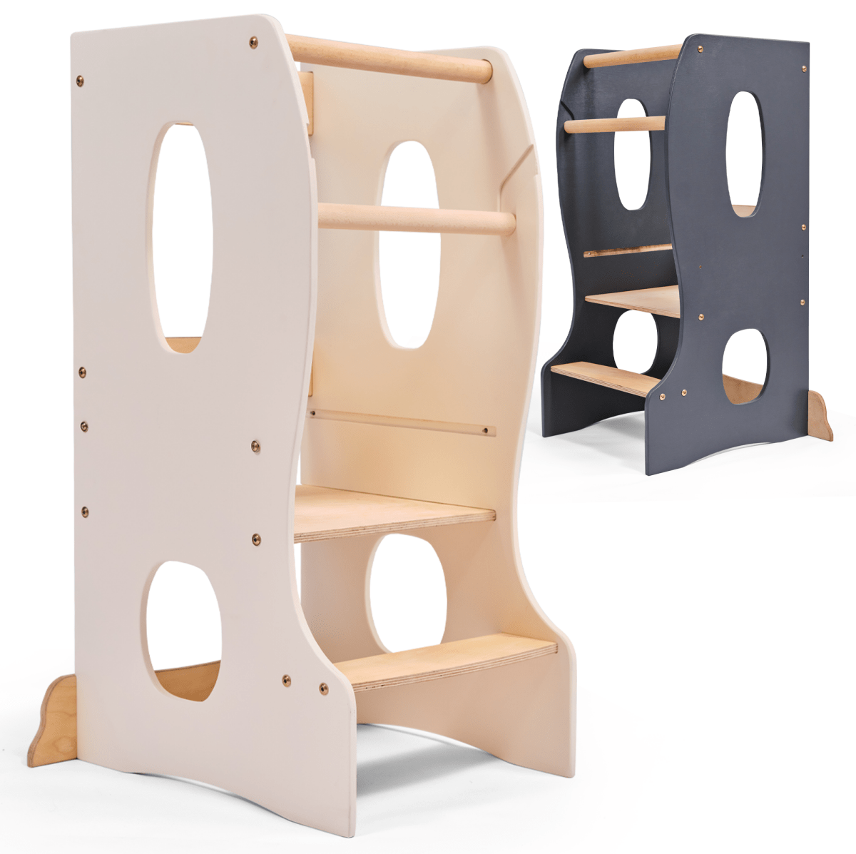 Stable Montessori Learning Tower – Wooden Growing Chair With Cut-Out Handles – Ivory
