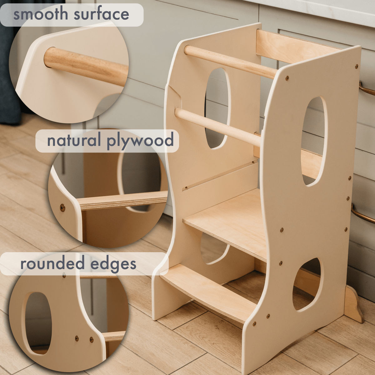 Stable Montessori Learning Tower – Wooden Growing Chair With Cut-Out Handles – Ivory