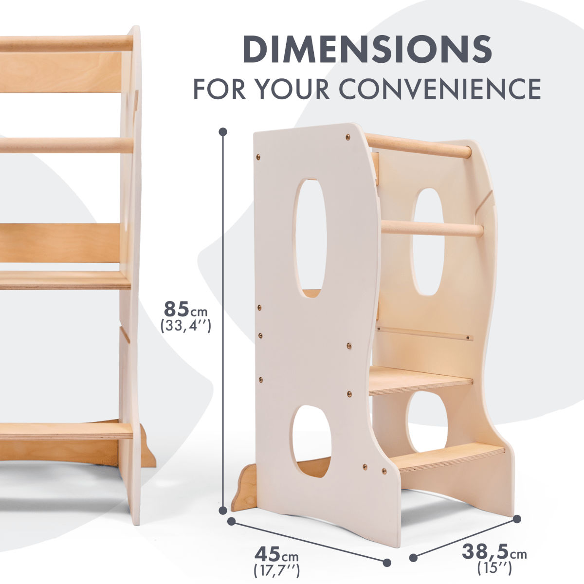 Stable Montessori Learning Tower – Wooden Growing Chair With Cut-Out Handles – Ivory