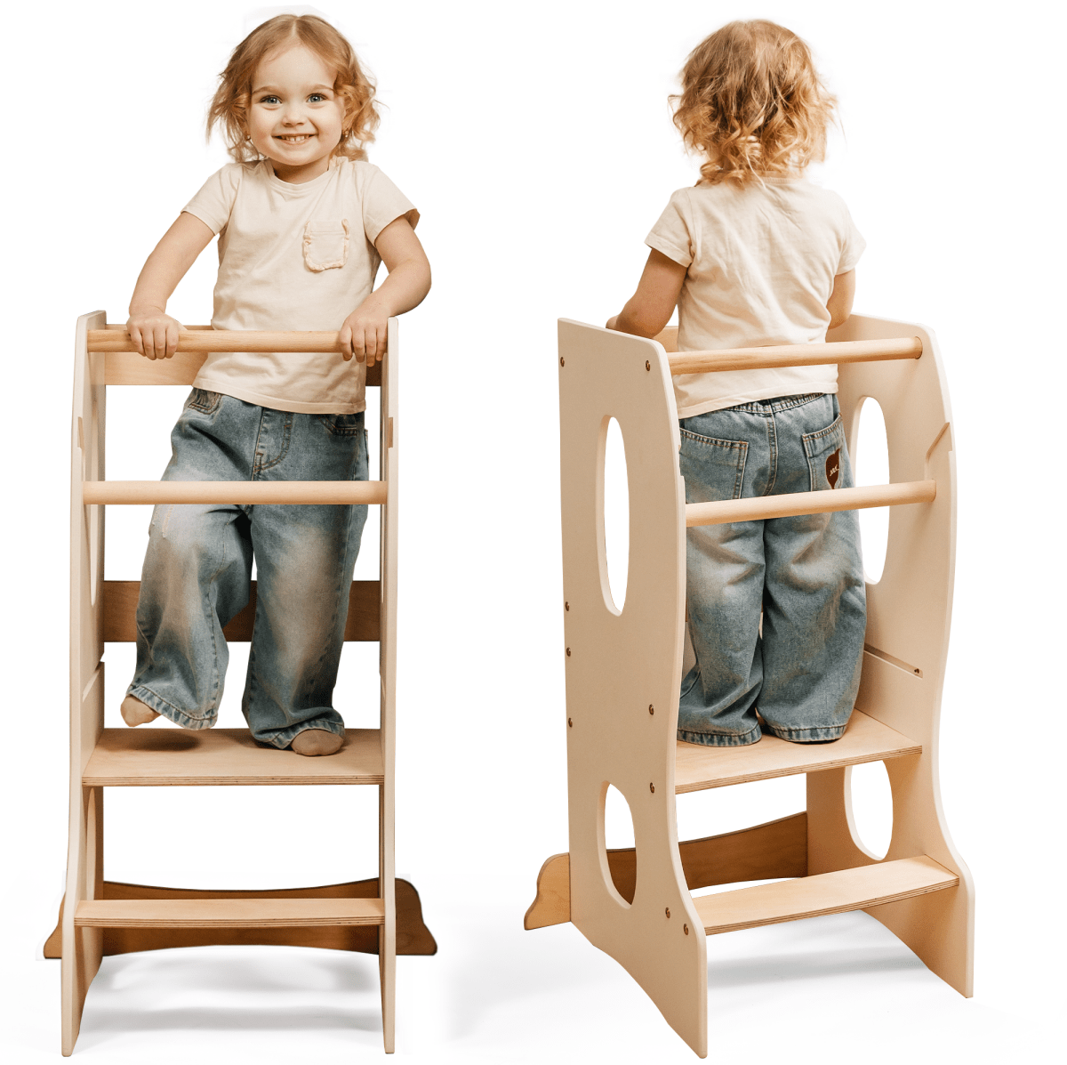 Stable Montessori Learning Tower – Wooden Growing Chair With Cut-Out Handles – Ivory