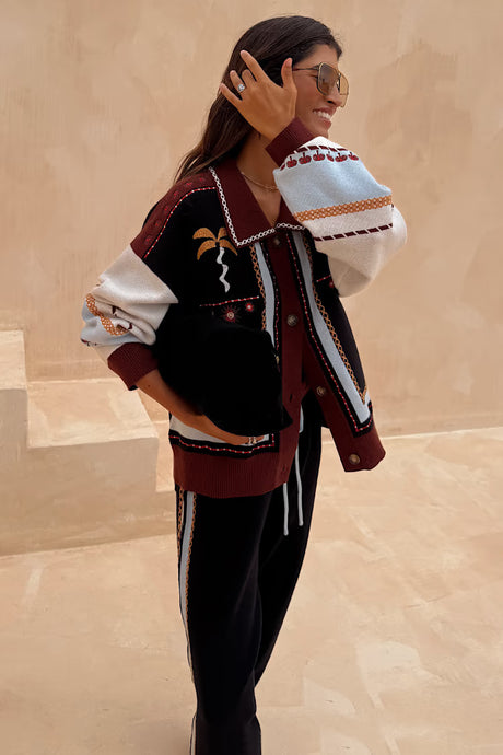 Geometric Knit Cardigan with Embroidery Detail